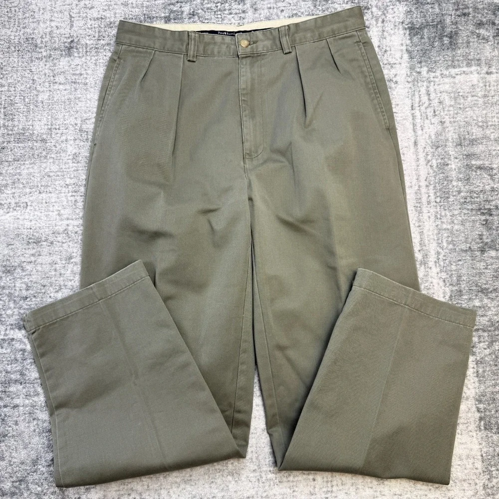 VTG Polo Ralph Pants 33x30 Olive Khaki Double Pleated Trousers High Waist 90s